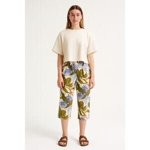 Tahari 100% Linen Tropical Floral Colorful Pull-on Pants Wide Crop Leg XL Resort